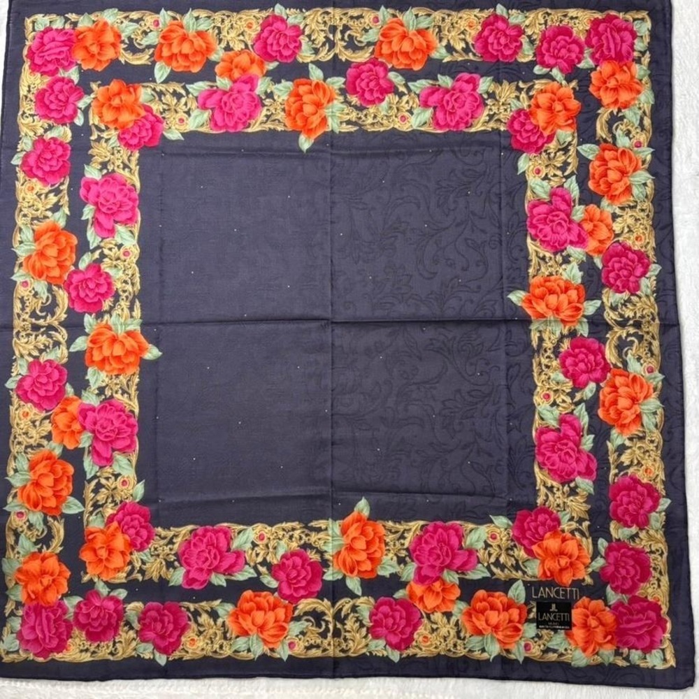 Vtg LANCETTI Scarf Handkerchief Floral Rose Cotton Navy Blue 20.5"